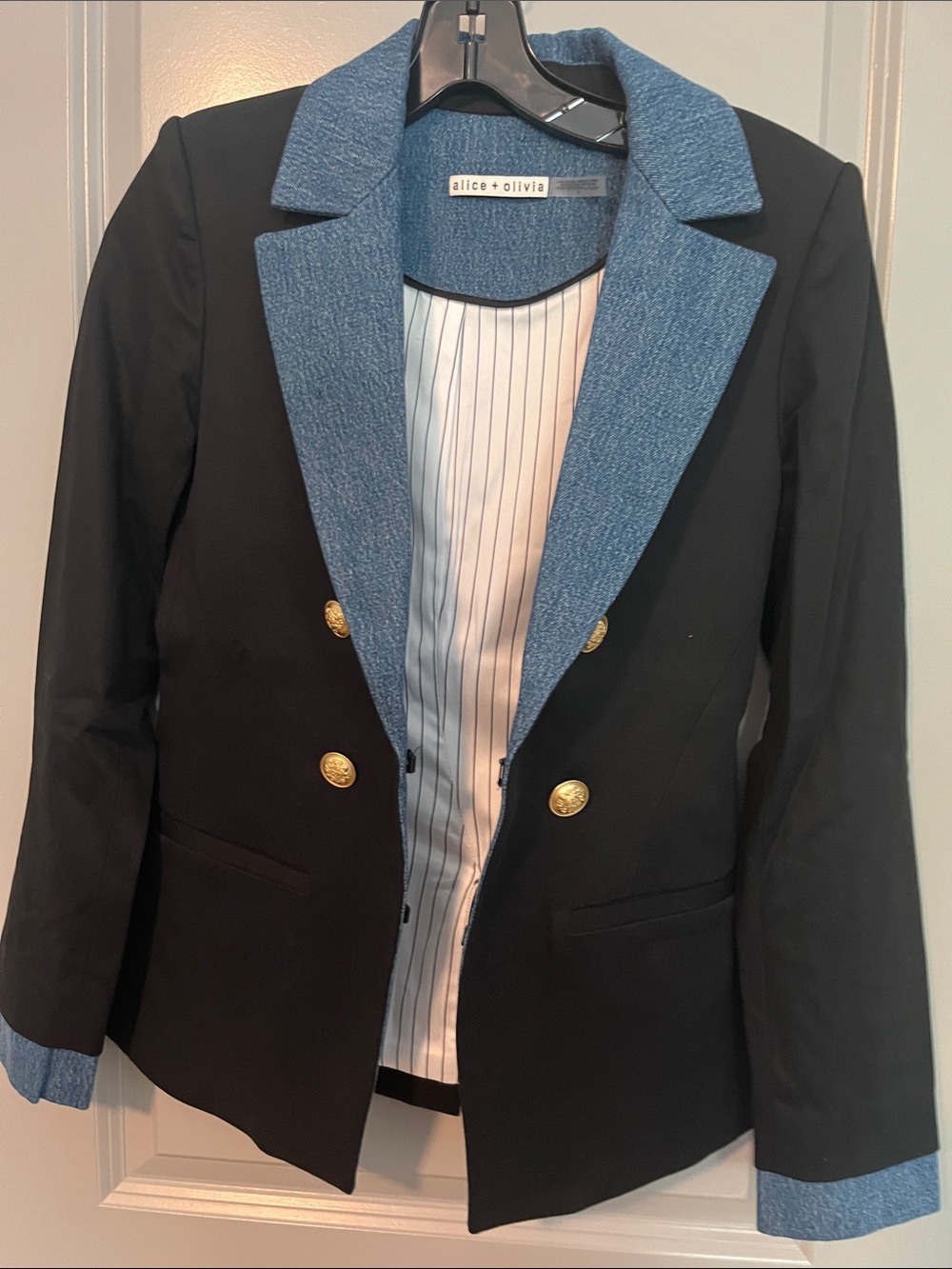 Alice + Olivia Black Blazer with Blue Trim and Gold Buttons